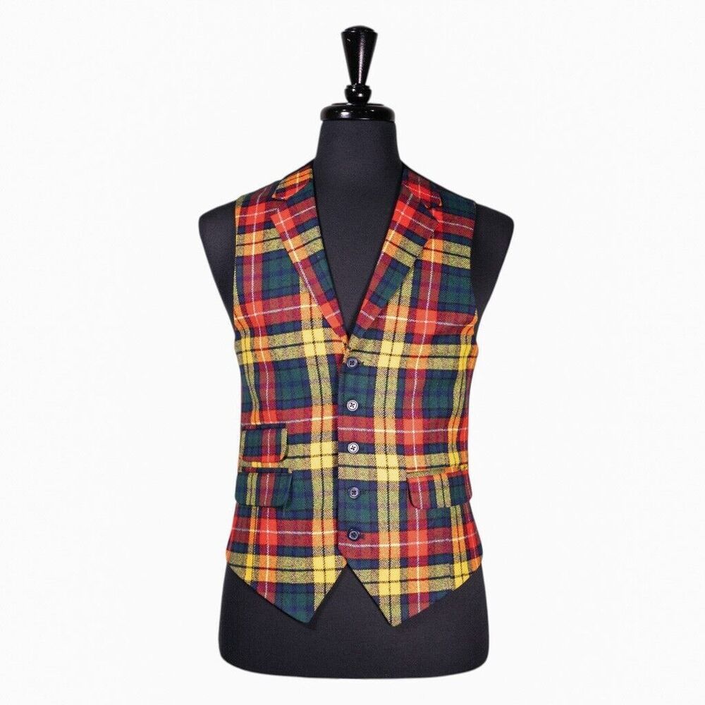 Mens Waistcoat Suit Lapel Vest 40R Multicolor Tartan Plaid Wool Formal Wedding